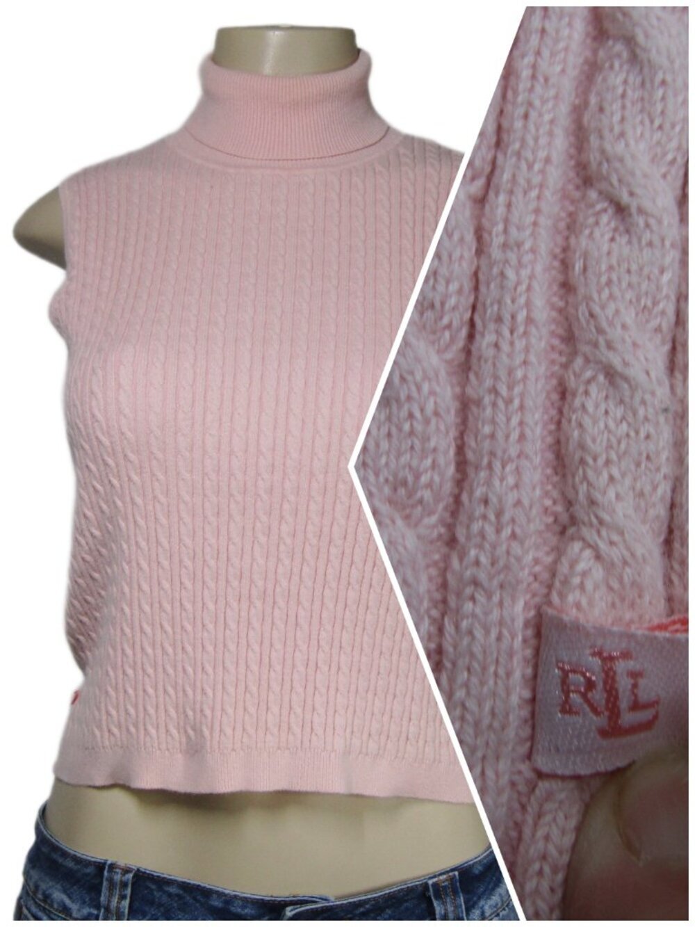 VTG Lauren Ralph Lauren Cable Knit Turtleneck Shell Top Pink Quiet Luxury P S